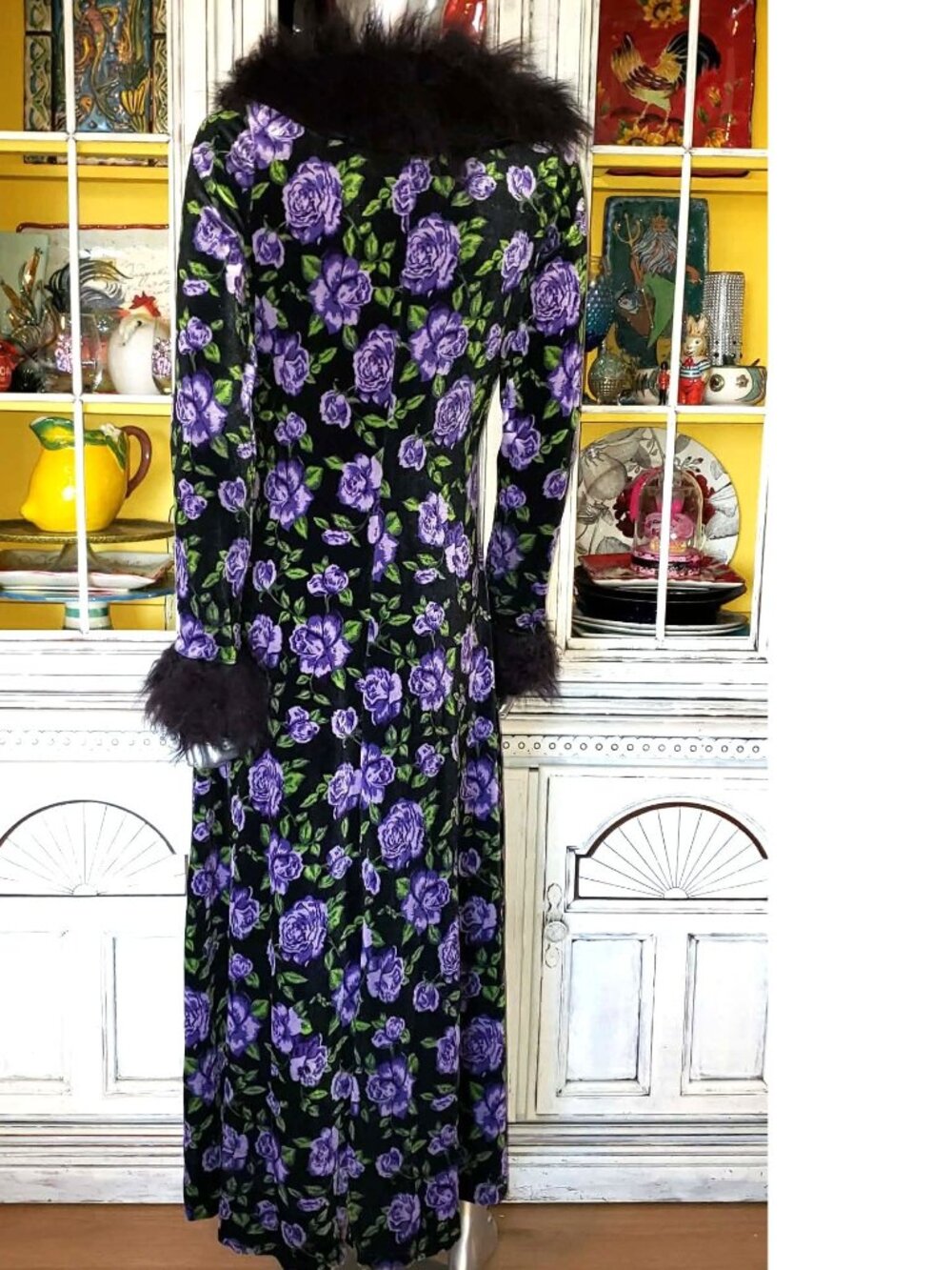 Betsey Johnson Black Velvet Floral Faux Fur Duster Opera Coat Long Dress Jacket - Picture 8 of 16